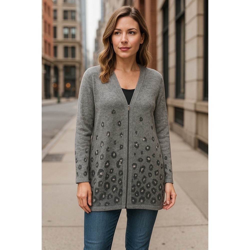 Chico's 2 (Large) Gray Leopard Ombre Zip Front Cardigan Sweater Longline Sparkle